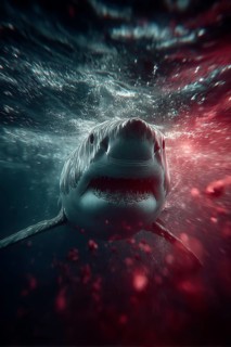 Close-up of a shark swimming menacingly in blood-soaked water, AI generated