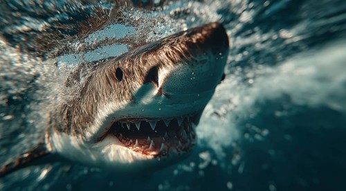 A shark swims dynamically underwater, with open jaws and visible teeth in a blue environment, AI