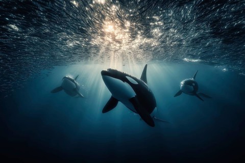 Three orcas swim underwater in a shoal of herring in the penetrating sunlight, AI generated, AI