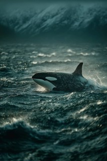 An orca crosses the stormy and wavy sea in rough weather conditions, AI generated, AI generated
