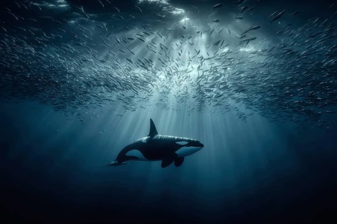 An orca swims beneath a swarm of herring in the oceanic depths, pierced by sunlight, AI generated,