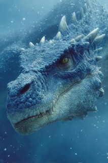 Portrait, close-up of an underwater dinosaur, dinosaur under the water surface, illuminated by sun