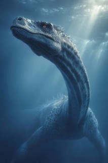 Long-necked underwater dinosaur, dinosaur swims majestically under the water surface, illuminated