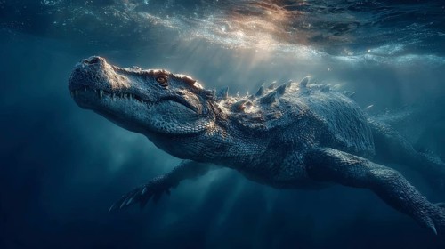 A dinosaur underwater dinosaur, dinosaur swims majestically under the water surface, illuminated by
