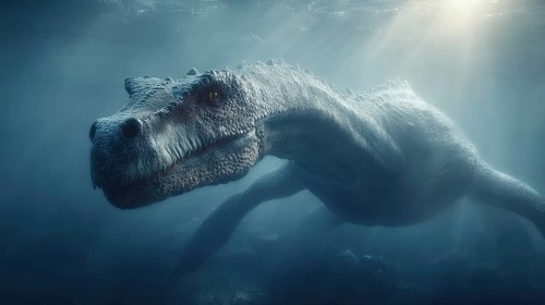A dinosaur underwater dinosaur, dinosaur swims majestically under the water surface, illuminated by