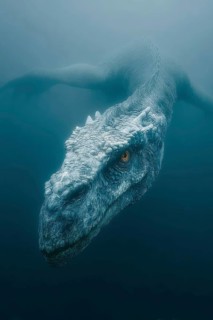 Underwater dinosaur, dinosaur swims majestically under the water surface, illuminated by sunbeams,
