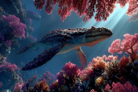 A dinosaur, underwater dinosaur, pliosaur swims through a colourful underwater world with sunbeams