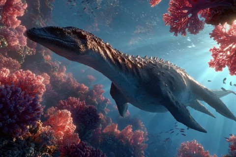 A dinosaur, underwater dinosaur, pliosaur swims through a colourful underwater world with sunbeams