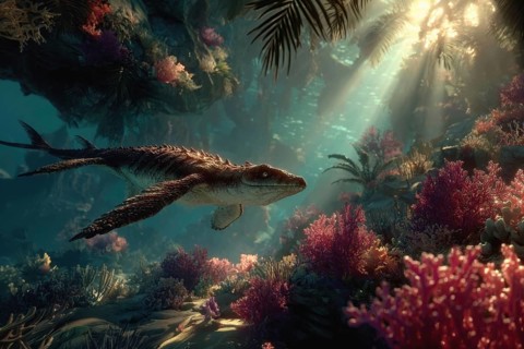 A dinosaur, underwater dinosaur, pliosaur swims through a colourful underwater world with sunbeams