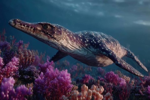 A dinosaur, underwater dinosaur, pliosaur swims through a colourful underwater world with sunbeams