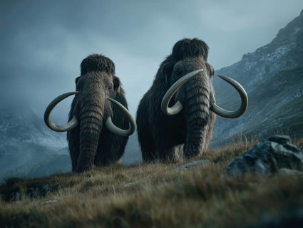 Two mammoths stand in a misty, mountainous landscape that conveys a dark and menacing atmosphere,