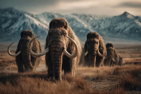 A herd of mammoths wanders through a vast steppe, snow-covered mountains in the background, AI