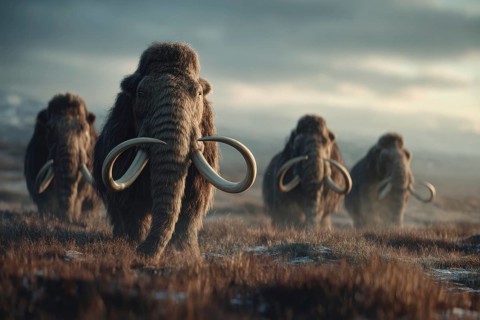 A herd of mammoths moves through a barren steppe at dusk, AI generated, AI generated
