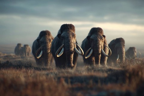A herd of mammoths in a misty landscape with grass, AI generated, AI generated