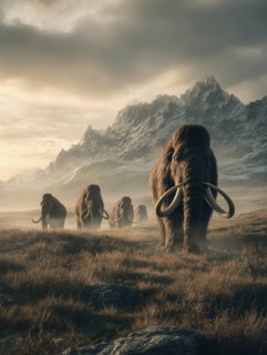 A herd of mammoths marches through a grassy landscape in front of a mountain range, AI generated,