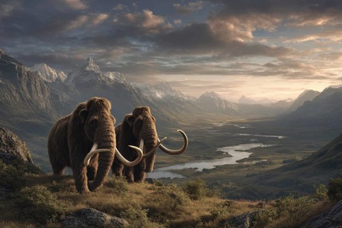 Two mammoths walking in a mountainous landscape with a river in the background, AI generated, AI