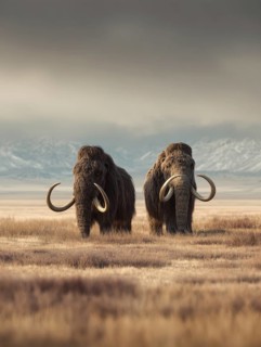 Two mammoths stand in a vast, tranquil steppe landscape with distant mountains, AI generated