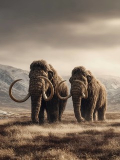 Two mammoths wander through a rough, brown-grey landscape with mountains in the background, AI