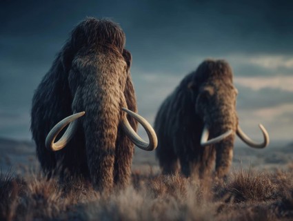 Two mammoths in a quiet, majestic scene in a meadow at dusk, AI generated, AI generated
