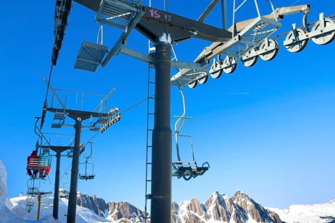 Chairlift, Alpe Tognola ski area, San Martino di Castrozza, Trentino, South Tyrol, Italy