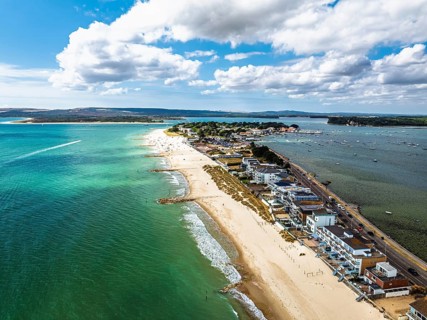 Sandbanks Beach from drone, Poole, Dorset, England, United Kingdom