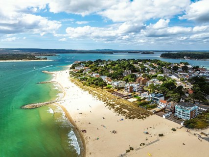 Sandbanks Beach from drone, Poole, Dorset, England, United Kingdom