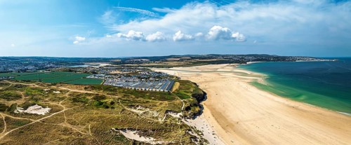 Panorama of Hayle Beach and Hayle Estuary from drone, St Ives Bay, Cornwall, England, United