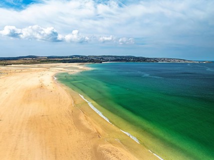 Hayle Beach and Hayle Estuary from drone, St Ives Bay, Cornwall, England, United Kingdom