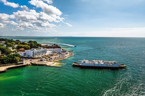 Sandbanks ferry from drone, Poole, Dorset, England, United Kingdom