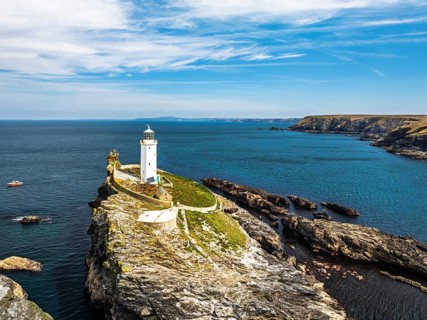 Godrevy Lighthouse from a drone, Godrevy Island, St Ives Bay, Cornwall, England, United Kingdom