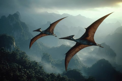 Two flying dinosaurs, dinosaur, flying reptile, pterosaur sailing over a primeval landscape, AI