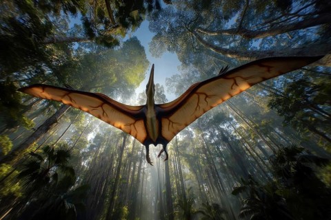 A pterosaur, dinosaur, flying reptile, pterosauria sails through a jungle, AI generated