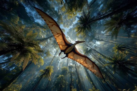 A pterosaur, dinosaur, flying reptile, pterosauria sails through a jungle, AI generated