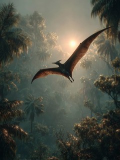 A flying dinosaur, dinosaur, flying reptile, pterosaur sails over a primeval landscape, jungle, AI