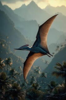 A pterosaur, dinosaur, flying reptile, pterosauria sails over a primeval landscape, jungle, AI