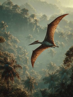 A flying dinosaur, dinosaur, flying reptile, pterosaur sails over a primeval landscape, jungle, AI