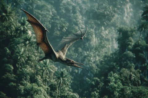 A pterosaur, dinosaur, flying reptile, pterosauria sails over a primeval landscape, jungle, AI