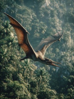 A pterosaur, dinosaur, flying reptile, pterosauria sails over a primeval landscape, jungle, AI