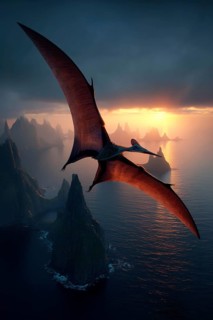 A flying dinosaur, dinosaur, flying reptile, pterosaur sails over a primeval landscape, AI