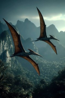 Two flying dinosaurs, dinosaur, flying reptile, pterosauria soar over a primeval landscape, AI