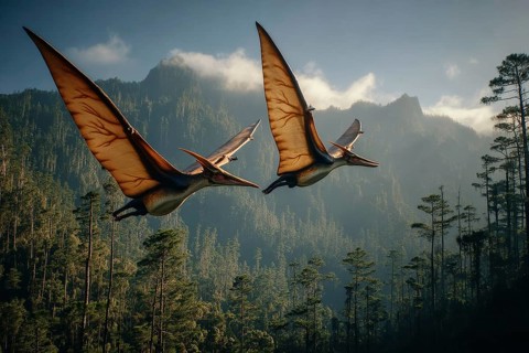 Two flying dinosaurs, dinosaur, flying reptile, pterosauria soar over a primeval landscape, AI