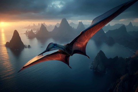 A pterosaur, dinosaur, flying reptile, pterosauria sails over a primeval landscape, AI generated,