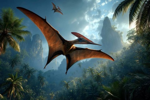 Two flying dinosaurs, dinosaur, flying reptile, pterosauria soar over a primeval landscape, AI