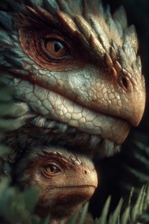 Romanticised depiction of a young dinosaur, baby dinosaur being lovingly cared for by its mother,