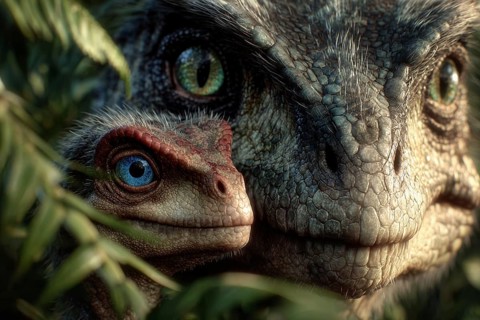 Romanticised depiction of a young dinosaur, baby dinosaur being lovingly cared for by its mother,