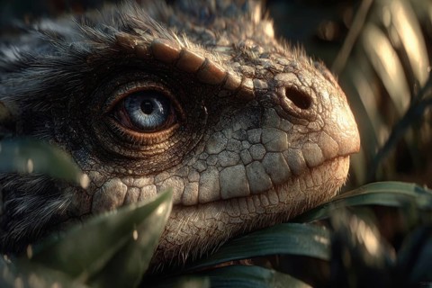 Romanticised depiction of a young dinosaur, dinosaur baby, AI generated