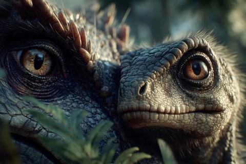 Romanticised depiction of a young dinosaur, baby dinosaur being lovingly cared for by its mother,