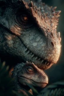 Romanticised depiction of a young dinosaur, baby dinosaur being lovingly cared for by its mother,