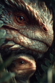 Romanticised depiction of a young dinosaur, baby dinosaur being lovingly cared for by its mother,