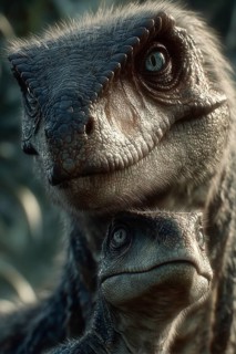 Romanticised depiction of a young dinosaur, baby dinosaur being lovingly cared for by its mother,
